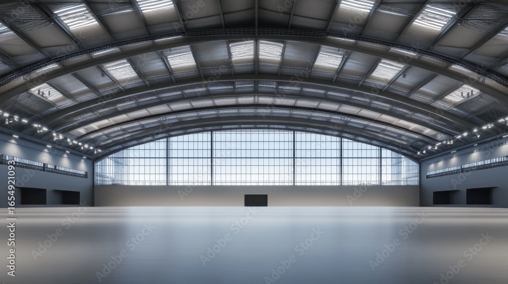 Obraz premium Spacious Modern Warehouse Interior with Large Windows and Lighting