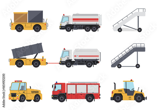 Collection of Airport Ground Support Equipment Vehicles.