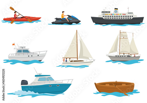 Collection of Watercraft: Kayaks Jet Skis Motorboats Sailboats and Rowboats.