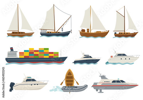 Collection of Diverse Watercraft: Sailboats Motorboats and Cargo Ships.