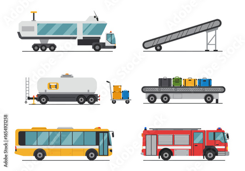 Airport Ground Support Equipment Set: Passenger Boarding Bridge Fuel Truck Baggage Conveyor and More.