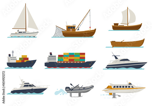 Collection of Diverse Watercraft: Sailboats Fishing Boats Cargo Ships and Motor Yachts.