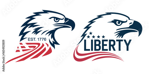 Majestic eagle head with liberty text and american flag elements vector  logo design