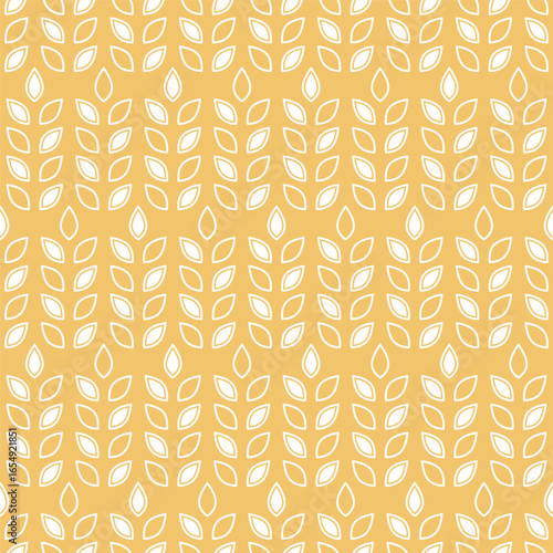 Wheat seamless pattern. Repeating white grain wheats on yellow background. Repeated flour patterns. Spike corn. Bakery texture. Repeat beer ear. Design oat for bread cereal prints. Vector illustration