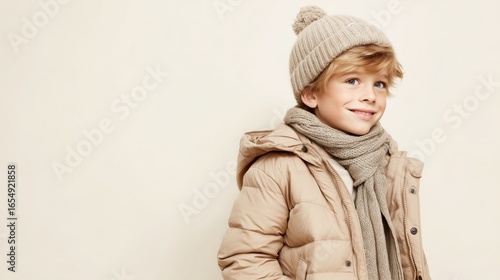Pastel Beige Coat and Knit Hat on Smiling Young Boy