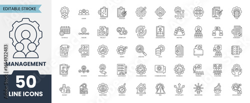 Management icon set. Containing teamwork, strategy, development, leader, planning, training, organization and more. Editable stroke. Vector illustration