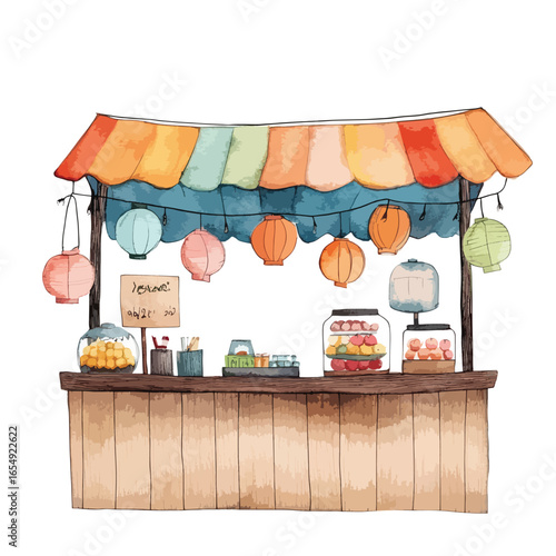 Watercolor Street Food Stand with Colorful Lanterns and Fruit