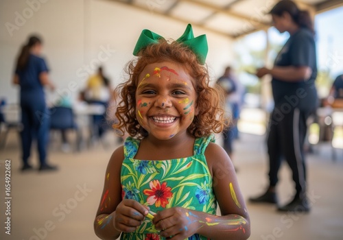 joyful 5-year-old indigenous australian girl with auburn curly hair and green bow smiling with colorful paint on face and arms wearing sundress participating in art project at community center