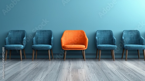 Row of chairs with one orange chair in the middle. The chairs are all blue. The orange chair is the only one that stands out