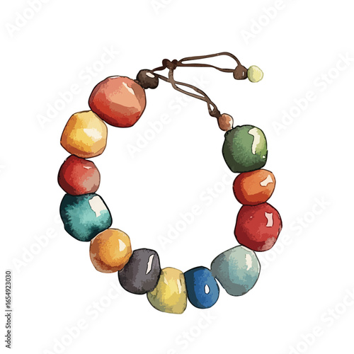 Watercolor Style Bracelet with Assorted Colorful Stone Beads and Brown Cord