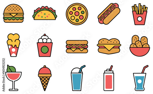 A clean outline vector set of fast food icons including burgers, tacos, pizza, fries, hot dogs, sandwiches, chicken wings, nuggets, popcorn, ice cream, milkshakes, sauces, and soft drinks. Perfect for
