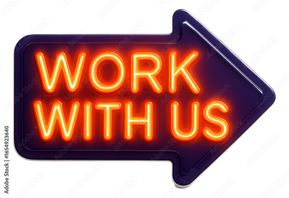 Fototapeta premium Neon arrow sign featuring WORK WITH US message in bright lettering, engaging promotional recruitment offer on transparent background.