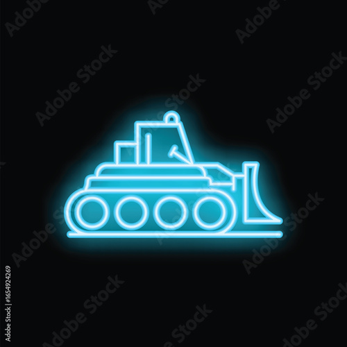 Bright blue neon sign of a bulldozer working a night shift