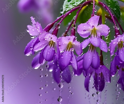 Close-up of purple flowers with water droplets and falling rain effect nature spring