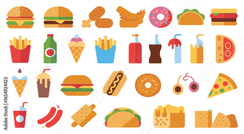 A clean outline vector set of fast food icons including burgers, tacos, pizza, fries, hot dogs, sandwiches, chicken wings, nuggets, popcorn, ice cream, milkshakes, sauces, and soft drinks. Perfect for