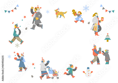 冬を楽しむ人々のフレーム　カラフルで楽しい人物イラスト