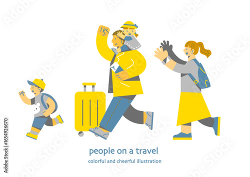 子供連れで旅行を楽しむ若い家族　カラフルで楽しいフラットイラスト
