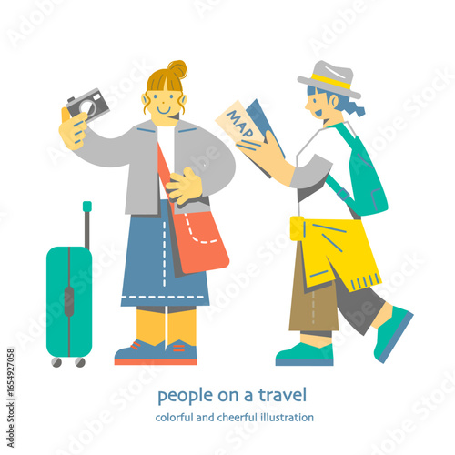 友達と旅行を楽しむ若い女性　カラフルで楽しいフラットイラスト