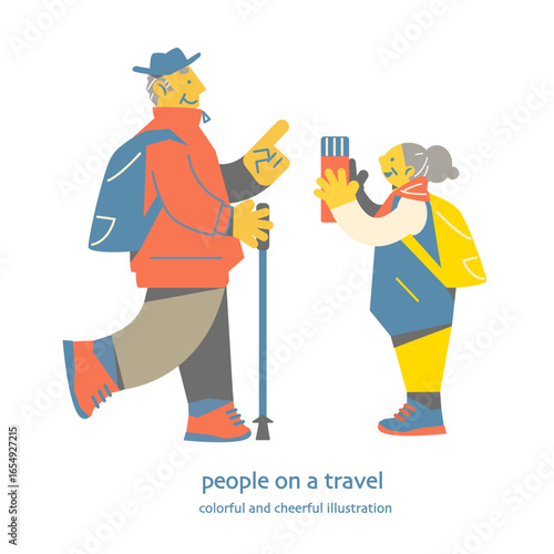 ハイキング旅行を楽しむシニア夫婦　カラフルで楽しいフラットイラスト