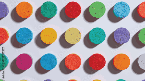 Colorful speckled disc shapes arranged in clean, orderly rows on a white background, abstract geometric pattern.