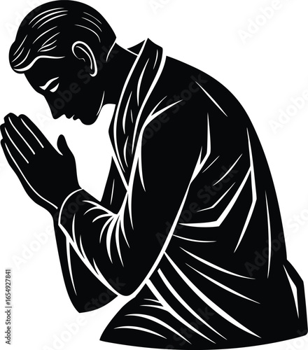 Silhouette of a Man Praying with Hands Clasped in Supplication and Humility on white background