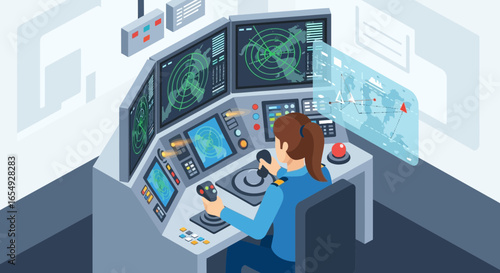 Female Officer Navigating in a Modern Control Center with Advanced Technology