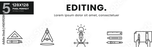  Editing Item line Icon Set collection .   pictogram, kit, items, pack, icons, sketch, professional, button . Linear pictograms Isolated Vector Illustration	
