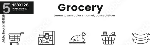 Grocery Item line Icon Set collection . Apple, orange, banana, tomato, potato, onion, carrot, pepper, broccoli, salad .  Isolated Vector Illustration	
