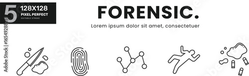 Forensic Item line Icon Set collection . Laboratory, research, technology, justice, medical, data, document, fingerprint, DNA . Linear pictograms Isolated Vector Illustration	
