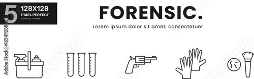 Forensic Item line Icon Set collection . Crime, evidence, investigation, law, symbol, science, police, analysis, security, laboratory, research . Linear pictograms Isolated Vector Illustration	
