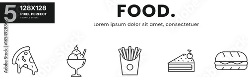 Food  line Icon Set collection . Restaurant, cooking, eating, meal, healthy, ingredients, sweet, savoury, cuisine, menu, nutrition.  Vector Illustration	
