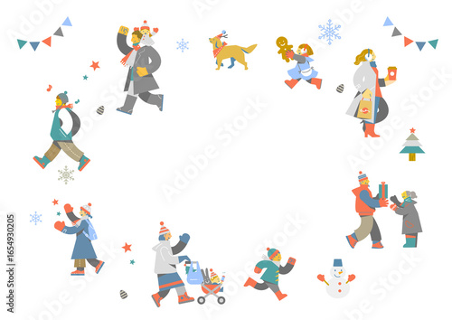 Frame of people enjoying winter - Colorful and fun character illustrations