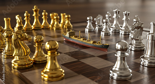 Naval strategy chessboard metaphor with ship representing trade or supply chain competition.