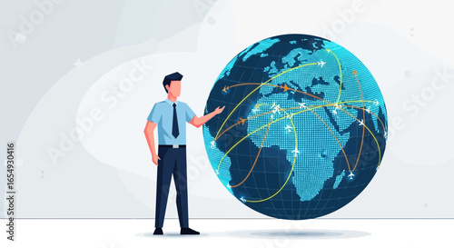 Global Air Network With A Person Presenting The Worldwide Connections