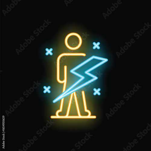 Neon sign depicting a person being struck by a bolt of lightning, symbolizing sudden impact, energy, or a life changing event