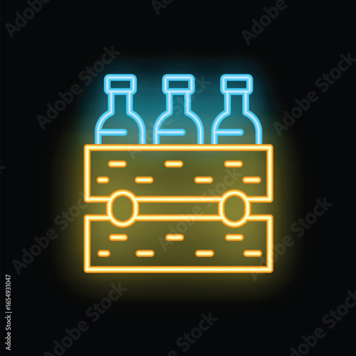 Glowing neon line icon of beer bottles in a wooden crate, representing brewery, packaging, and distribution, on a black background