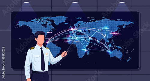 Global Aviation Network Presentation By Pilot On Digital World Map