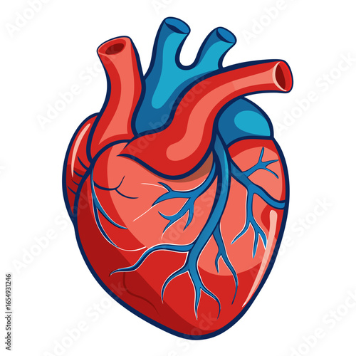 Vibrant anatomical human heart illustration showcasing intricate red arteries and blue veins, perfect for medical education, research, or health awareness campaigns.