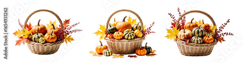 Set of rustic wicker baskets filled with pumpkins, gourds and autumn leaves on a transparent background