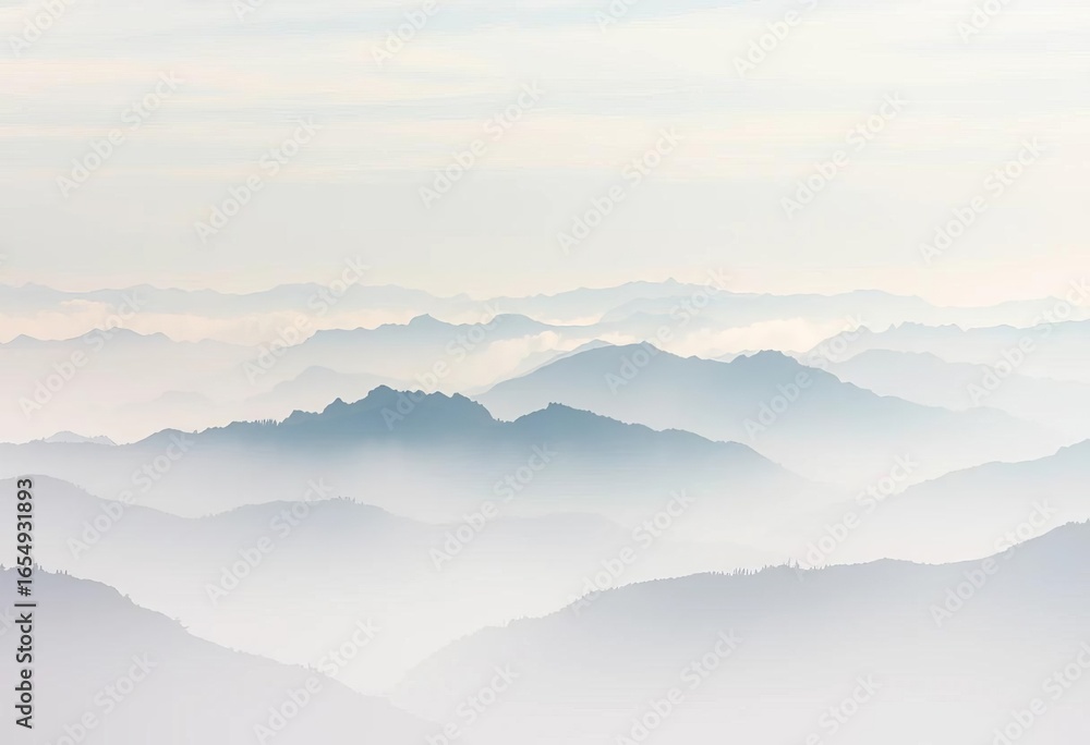 Fototapeta premium Misty mountains, pale ink washes, soft gradient sky, ethereal feel, airy, graphic