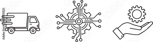 Delivery truck technology gear and hand holding gear icons transport logistics