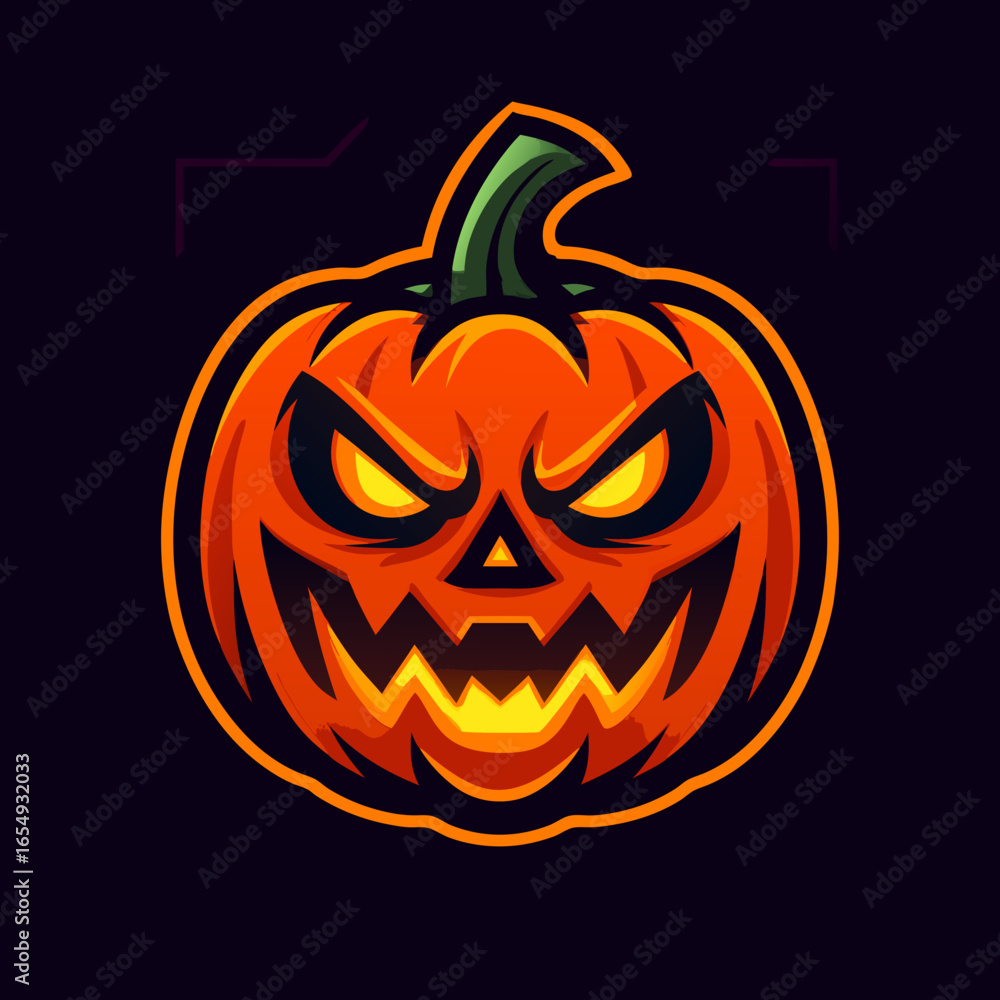 Fototapeta premium Halloween Pumpkin Jack-o'-lantern with a Scary Face, Glowing Eyes, and Sharp Teeth, Traditional Spooky Decoration