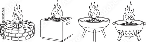 Four black outline illustrations of fire pits and a barbecue grill vector illustration