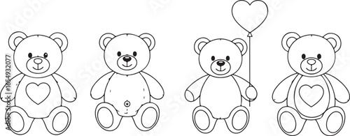 Four black outline illustrations of teddy bears, one holding a heart balloon stuffed animal