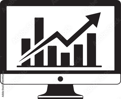 Black and white icon of a computer screen displaying a rising bar graph and trend line