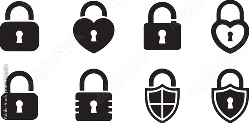 Collection of eight black security lock and shield icons on white background padlock