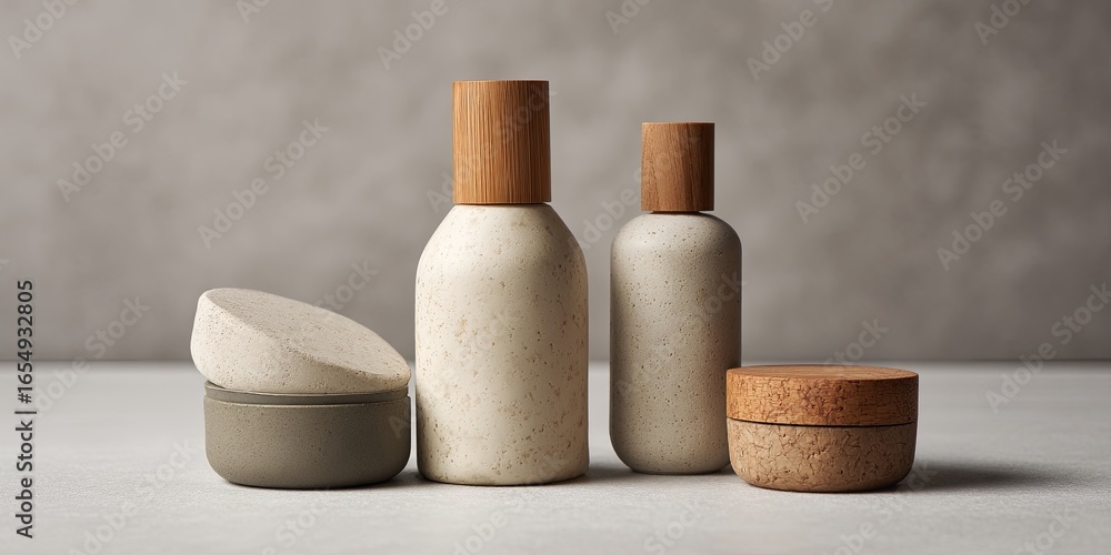 Naklejka premium Stylish and Minimalist Natural Skin Care Product Bottles with Wooden Caps on Elegant Surface for Wellness and Spa Aesthetics