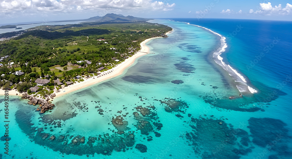 Obraz premium A picturesque aerial view of a tropical coastline, blending lush greenery with vibrant turquoise waters.