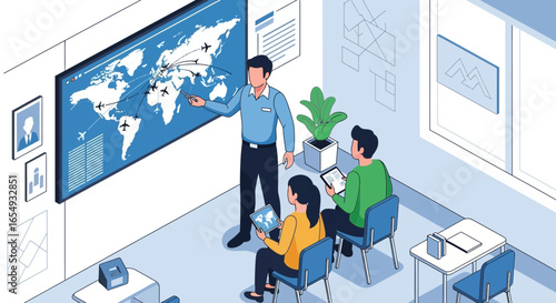 Instructor Giving Presentation on World Air Travel Routes to Students