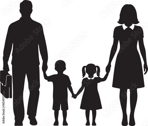 Silhouette of a family with parents and two children holding hands vector illustration